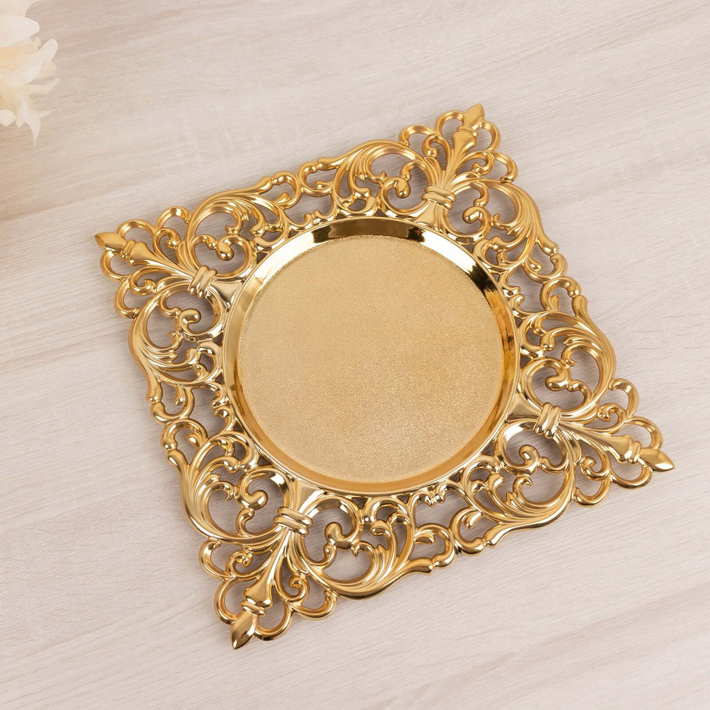 6-Pack Acrylic Charger Plates 12" Square Gold with Hollow Lace Border - Event Tabletop Decorative Charger Tableware